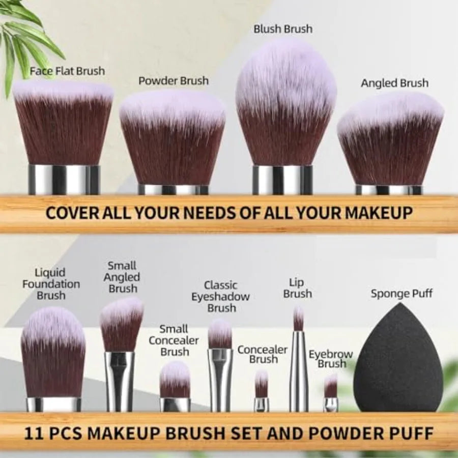 Makeup Brush Set 11 Pcs Makeup Sponge, Professional Bamboo Makeup Brushes for Foundation, Powder, Blush, Concealer, Eyeshadow B