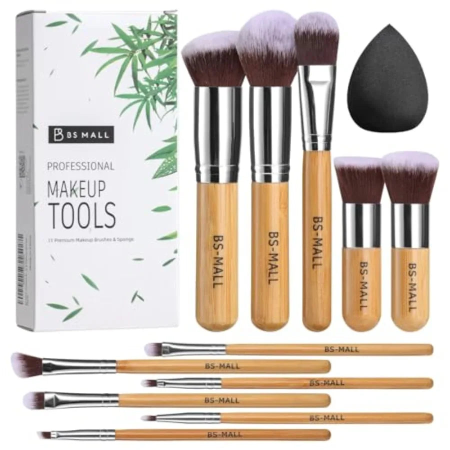 Makeup Brush Set 11 Pcs Makeup Sponge, Professional Bamboo Makeup Brushes for Foundation, Powder, Blush, Concealer, Eyeshadow B