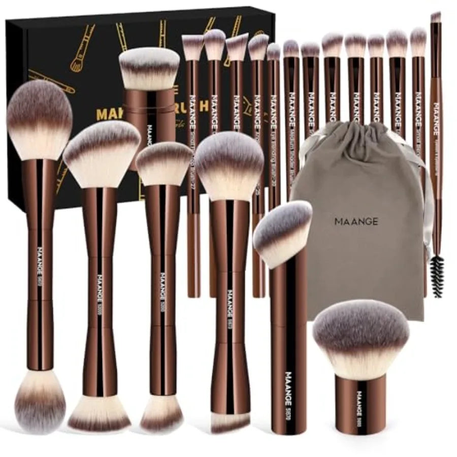 20 PCS Foundation Makeup Brush Set, Double-ended Kabuki Contour Brush for Liquid Powder Concealer Blending Blush Face Makeup To